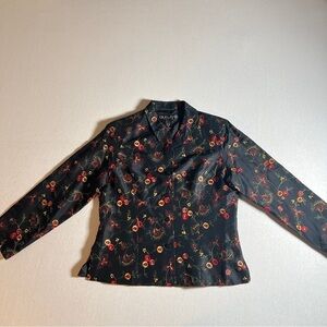 VTG Silkland 100% Silk Button Up Blazer, Black Floral Embroidered, 14P